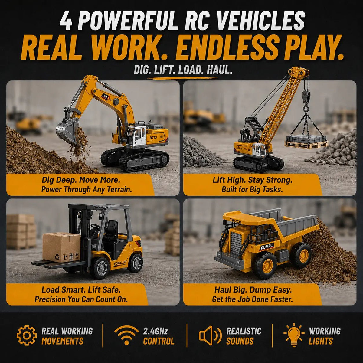 Mini RC Construction Vehicle Set | Excavator, Crane, Forklift & Dump Truck - MiniKays