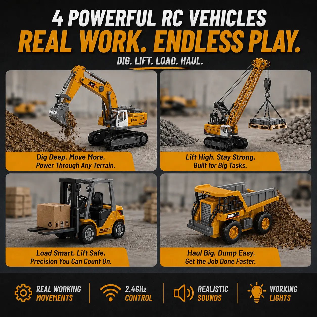 Mini RC Construction Vehicle Set | Excavator, Crane, Forklift & Dump Truck - MiniKays