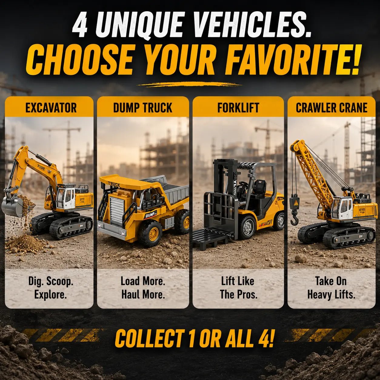 Mini RC Construction Vehicle Set | Excavator, Crane, Forklift & Dump Truck - MiniKays